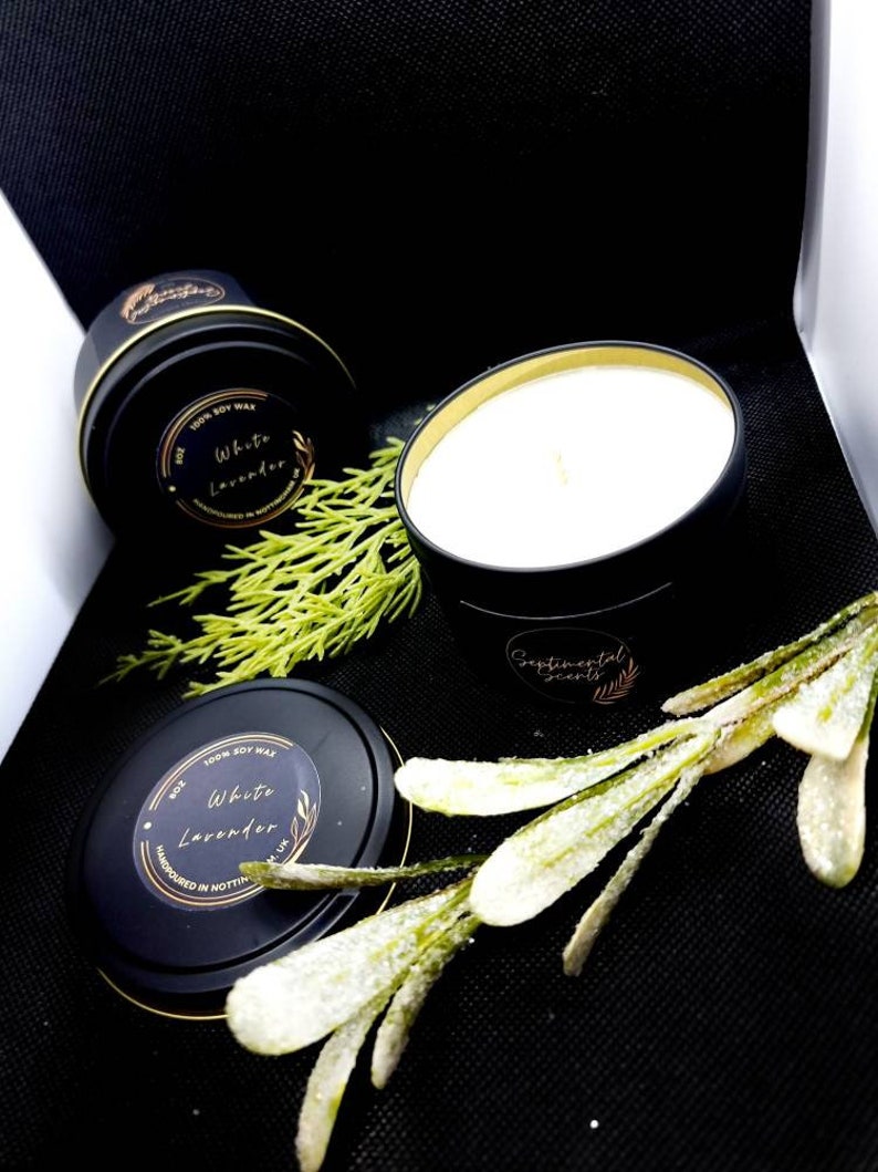 White Lavender Scented Matte Black Candle Tin
